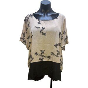 Johnny Was Biya Silk Tan/Black Butterfly Print Blouse w/ Short Sleeves Size S